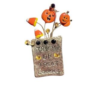 Vintage Gold Tone Enamel Pumpkin Candy Corn Trick or Treat Bag Halloween Brooch